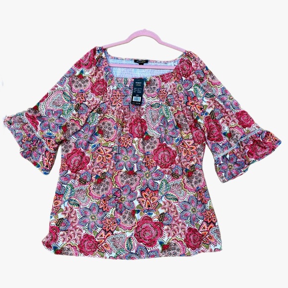 New Robert Louis Boho Blouse Womens Plus Sz 2X Multi Floral Bell Sleeve Top - Picture 3 of 10